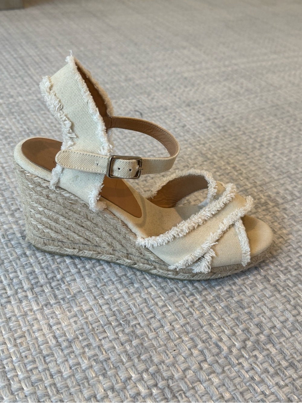 Frayed Canvas Espadrille Wedge Sandals — Cream
